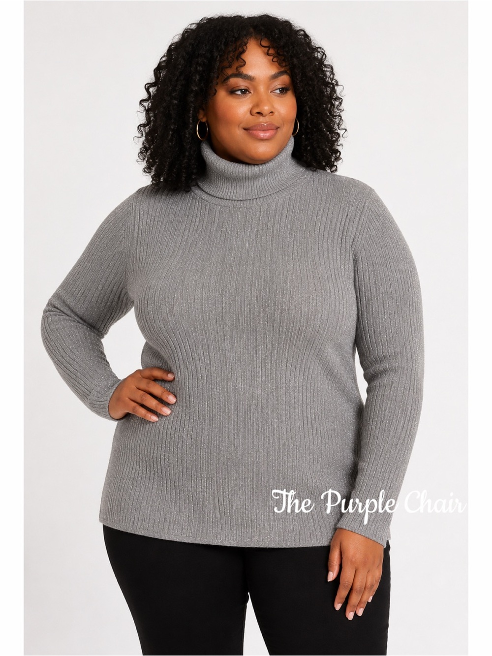 ASHLEY STEWART NWT Dark Gray Shimmer Ribbed Turtleneck Top 14/16